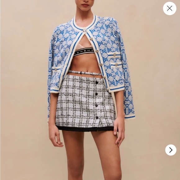 Maje Dresses & Skirts - MAJE Jizuli Cutout Braided Hem Tweed Miniskirt In Blue Size Large 8/10 EU40